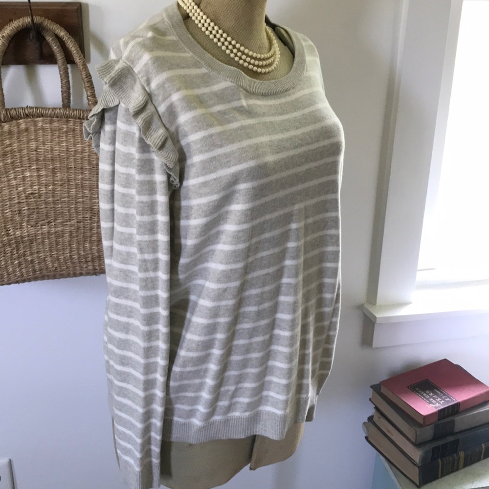 J. Crew sweater with ruffle trim around shoulder